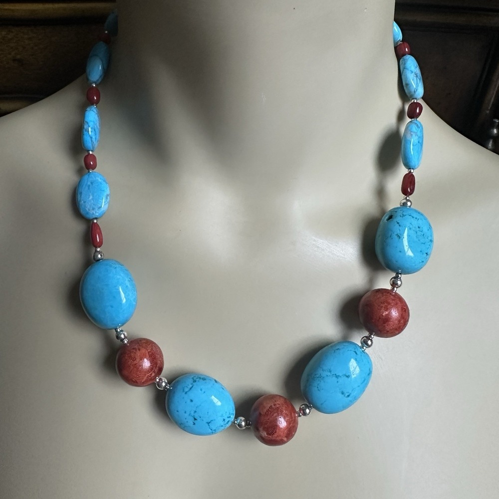 Artisan Beaded Necklace 19.5 Inch Blue Dye Howlite Red Coral 925 Sterling 81.8g